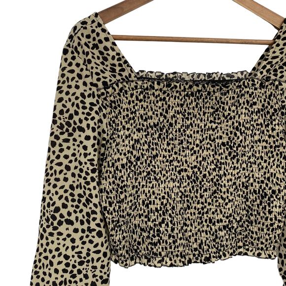 SHEIN Animal Print Smocked Body Balloon Sleeve Crop Top Size Large Square Neck - Picture 2 of 4